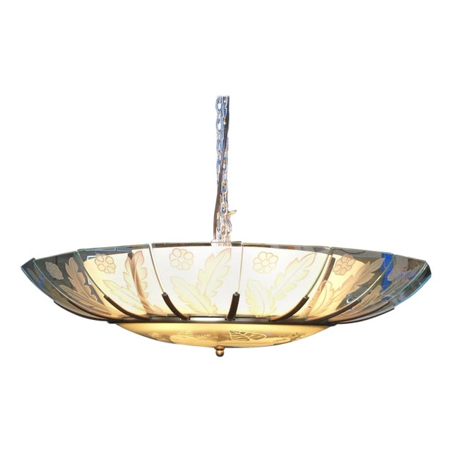 Mid-Century Tropical Etched Slat Glass Bronze Pendant For Sale