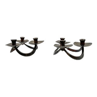 1960s Vintage Modernist Silver Plated Lunt Silversmiths Candle Holders 3-Arm Pair M-61 For Sale