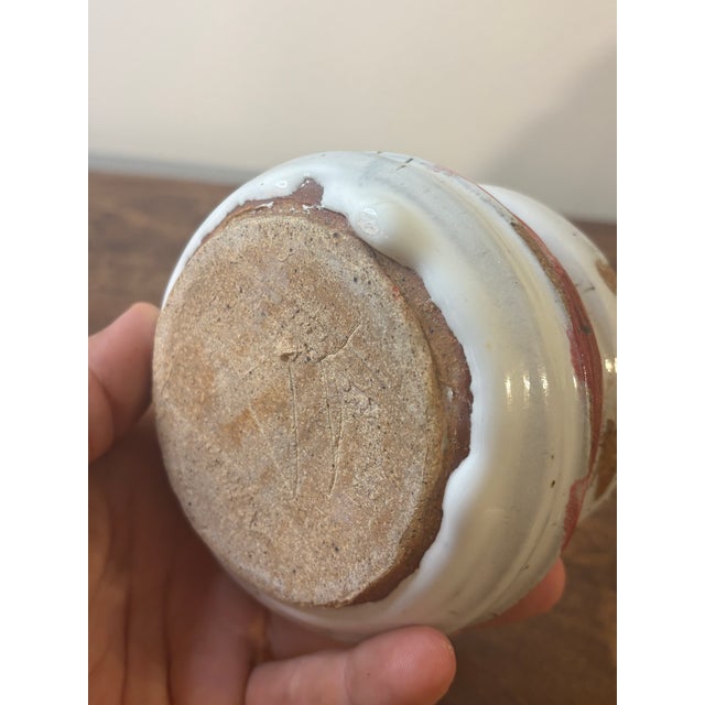 Late 20th Century Vintage American Studio Pottery Vase - White Glaze Red Stripe Signed For Sale - Image 5 of 5