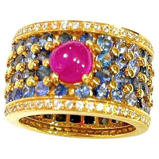 Bochic “Orient” African Ruby & Blue Sapphire Band Ring Set In 18 K Gold & Silver, Size 4.5 For Sale