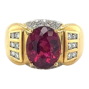 Vintage 4.5 Carat Oval Natural Rubellite Tourmaline & Diamond 18k Ring, Size 7.75