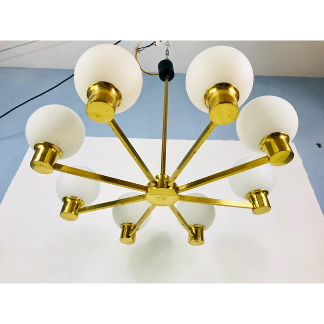 1960s Mid-Century 8-Arm Brass and Opaline Glass Chandelier, 1960s For Sale - Image 5 of 10
