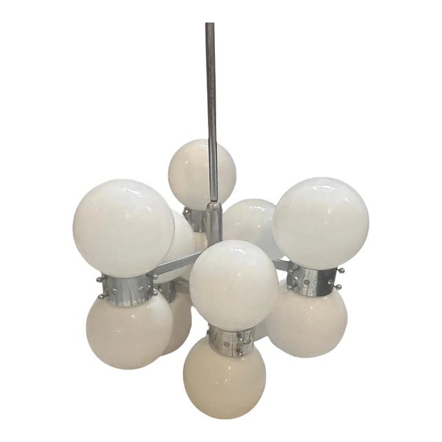 1960s Space Age Steel and Opaline Glass 10 Lights Italian Chandelier For Sale