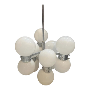 1960s Space Age Steel and Opaline Glass 10 Lights Italian Chandelier