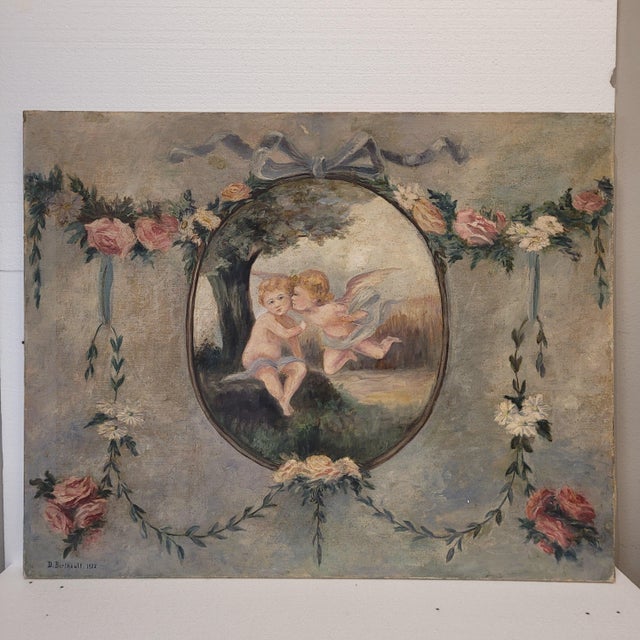 1920s D. Berthault, Cherubs, France, 1922, Oil on Canvas, Set of 2 For Sale - Image 5 of 18