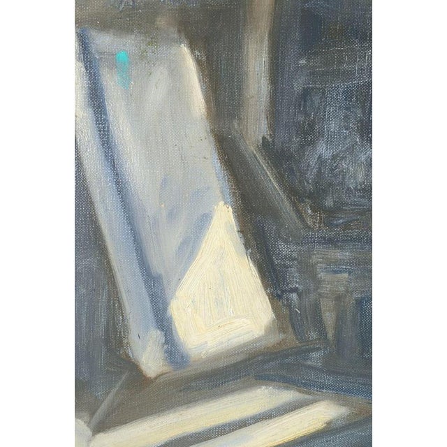 Robert Ladou, oil on canvas, French artist. Abstract modernist composition executed in muted grey, blue, and light...