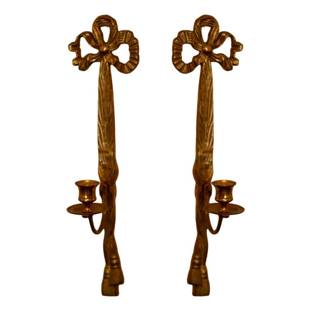Mid-Century French Brass Bow Sconces, Set of 2 For Sale