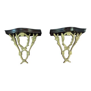 Vintage Chelsea House Polished Brass Laurel Leaves and Wood Decorative Wall Brackets- A Pair For Sale