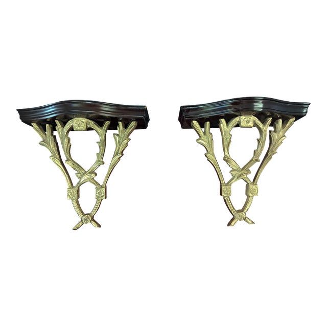 Vintage Chelsea House Polished Brass Laurel Leaves and Wood Decorative Wall Brackets- A Pair For Sale