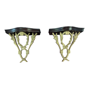 Vintage Chelsea House Polished Brass Laurel Leaves and Wood Decorative Wall Brackets- A Pair