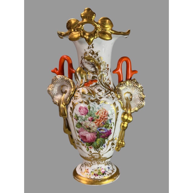Antique Old Paris 2 Piece Bolted Porcelain Floral & Gilt Decorated Handled Vase For Sale - Image 9 of 9