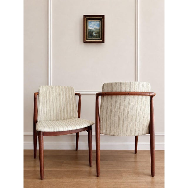 A beautiful pair of Danish modern lounge chairs attributed to Hans Olsen, made in Denmark, circa 1960s. The chairs feature...