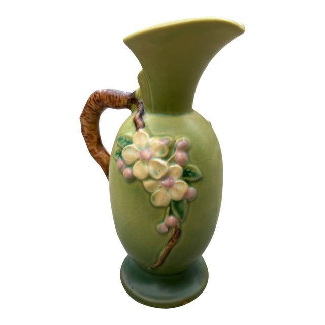 Roseville Apple Blossom Green 1949 Mid Century Modern Pottery Ceramic Ewer For Sale