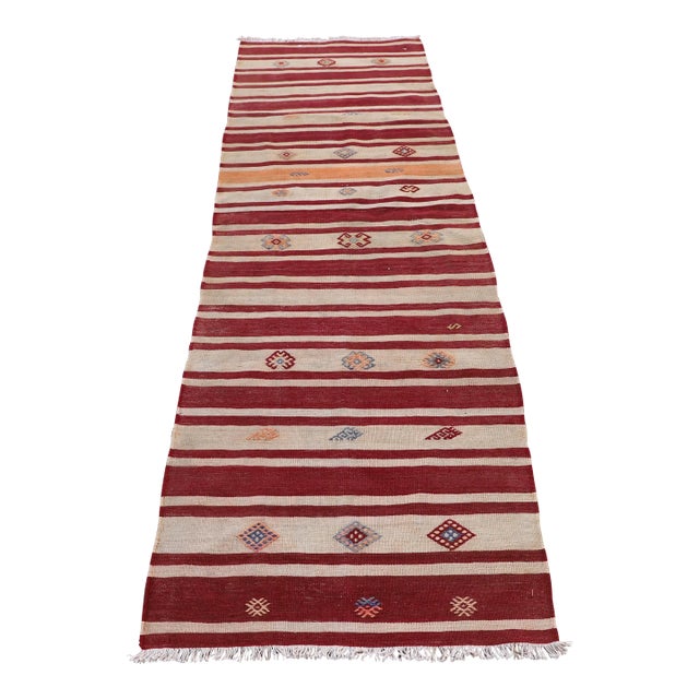 1960s Hand-Knotted Ottoman Empire Striped Natural Wool Kilim Rug For Sale
