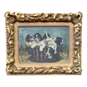 Victorian Original Puppies in a Basket Painting Original Chunky Gilt Wood Frame
