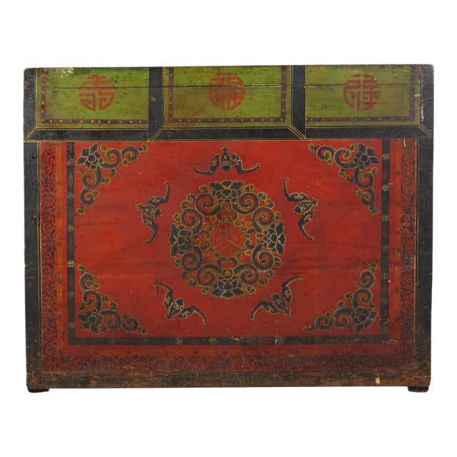 Hand Painted Five Bats Antique Gansu Tibetan Cabinet For Sale