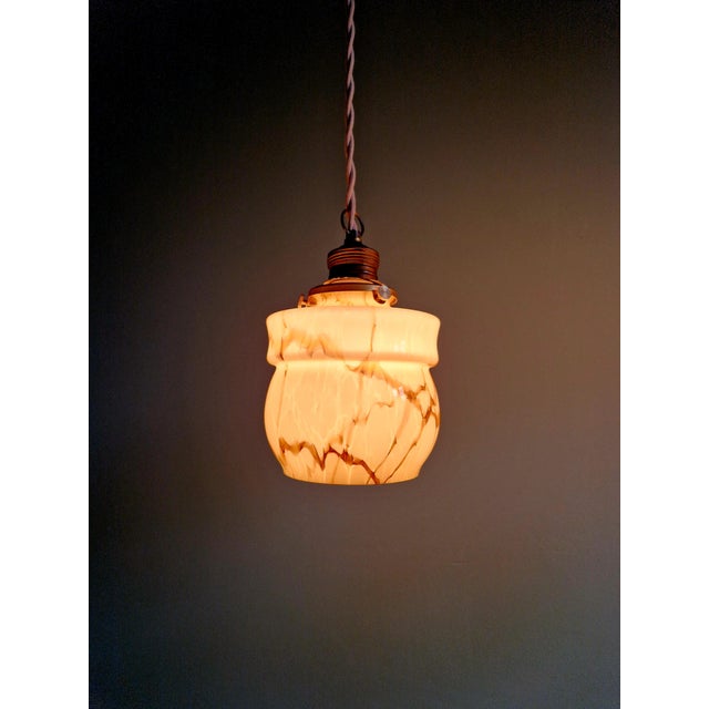 Art Deco Pendant Lights in Opaline and Marbled Uranium Glass from Scailmont, Belgium, 1930s, Set of 3 For Sale - Image 6 of 18
