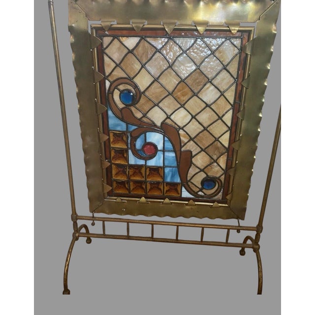 Early 20th Century Antique Victorian Jeweled & Leaded Stained Glass Fireplace Screen For Sale - Image 5 of 11