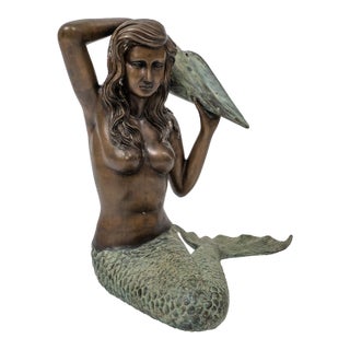 Mid 20th Century Cast Bronze Mermaid Sculpture Holding Conch Fountain For Sale