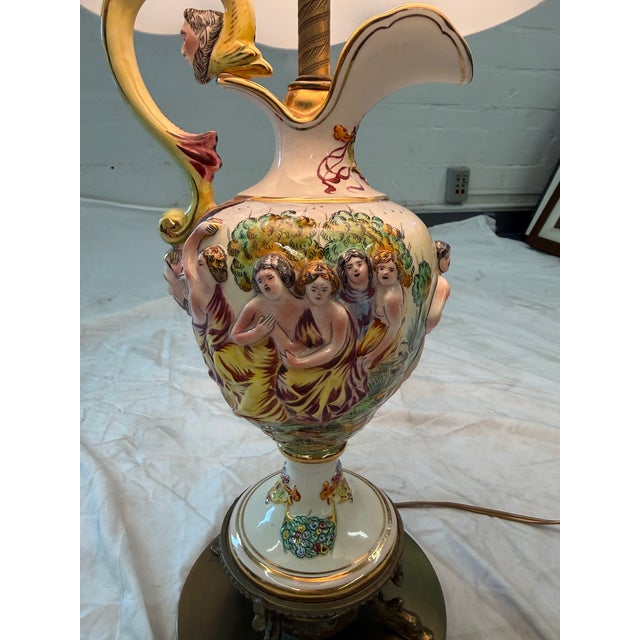 Ceramic Mid 20th Century Pair of Italian Capodimonte Style Hand-Painted Figural Urn Table Lamps For Sale - Image 7 of 8