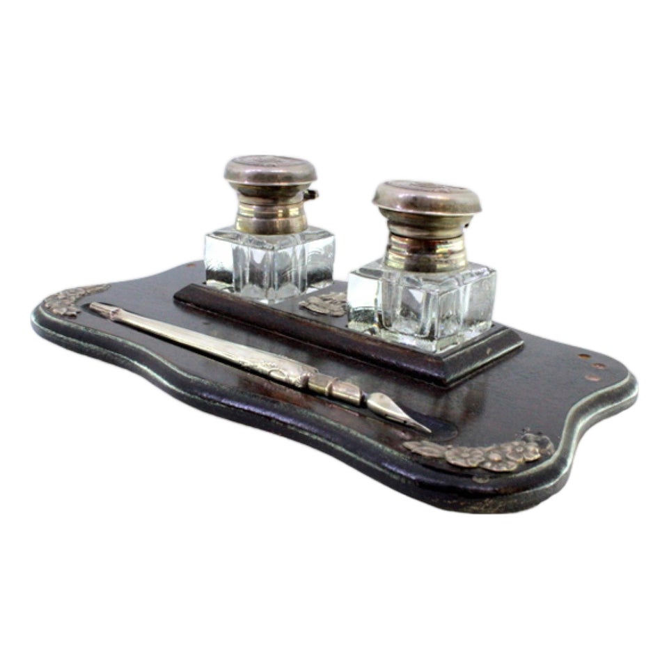 Wooden Inkwell with Glass Tanks with Silver Applications | Chairish