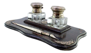 Wooden Inkwell with Glass Tanks with Silver Applications
