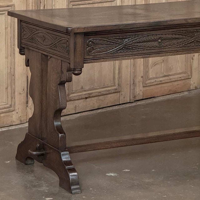 Antique Neo Gothic Carved Oak Trestle Three Drawer Writing Desk For Sale - Image 9 of 18