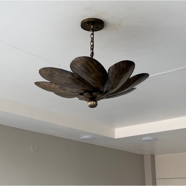 Brass Antique Brass Floral Pendant Light Fixture, Handmade Flower Ceiling Light For Sale - Image 8 of 12