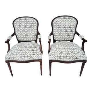 Pair of Antique Louis XV Style Carved Fauteuil Arm Chairs For Sale