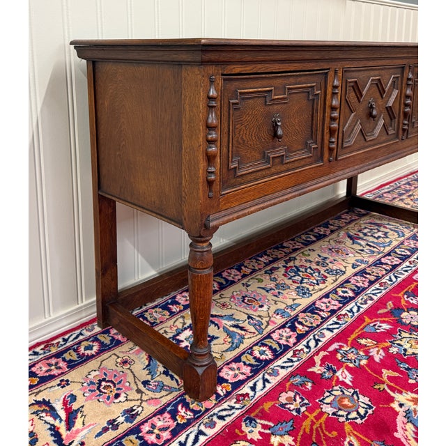 Antique English Jacobean Console Buffet Sideboard Sofa Table Oak c.1930s For Sale - Image 14 of 17