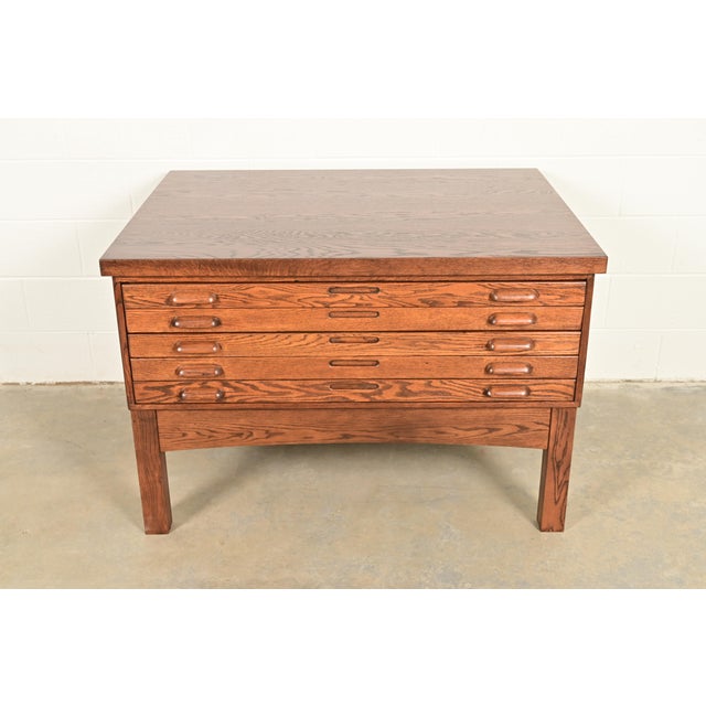 A rare and exceptional antique oak Arts & Crafts 5-drawer architect's blueprint flat file cabinet, map file, or printer's...