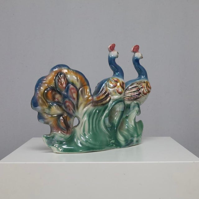 Italian Hand-Painted Ceramic Sculpture with Two Peacocks, 1960s For Sale - Image 4 of 9