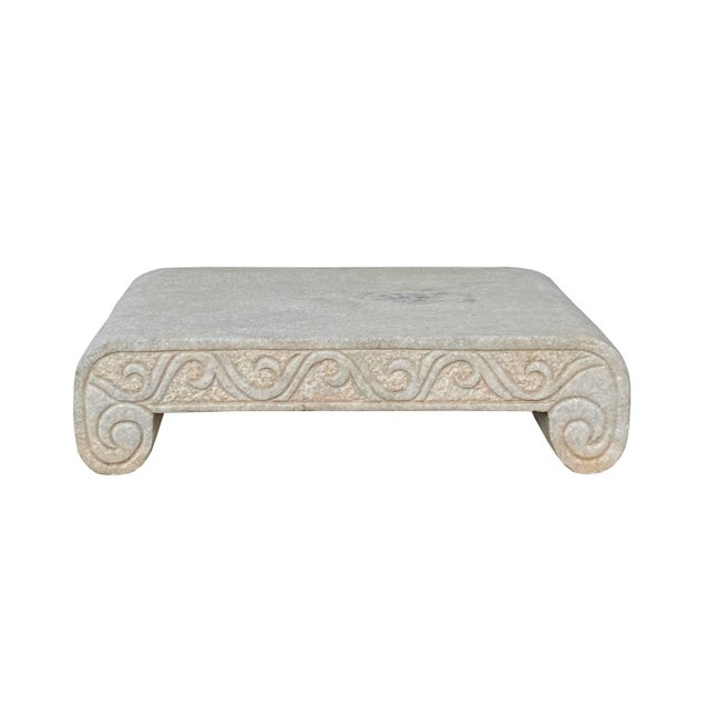 This is a handmade Chinese accent decorative display stand table made of marble stone. The stone has mixed of gray dusty...