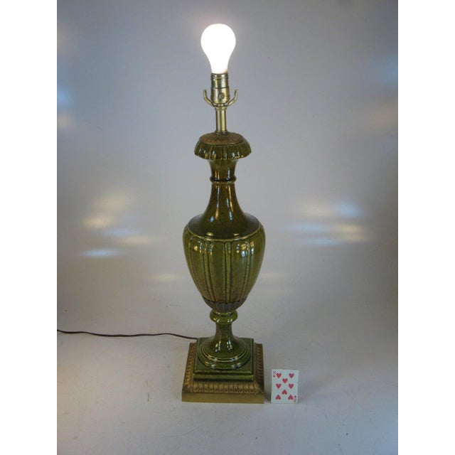 1960s Table Lamp, Porcelain Neoclassical Urn, Olive Green, Hollywood Regency, Gold Tone Finish For Sale - Image 12 of 12