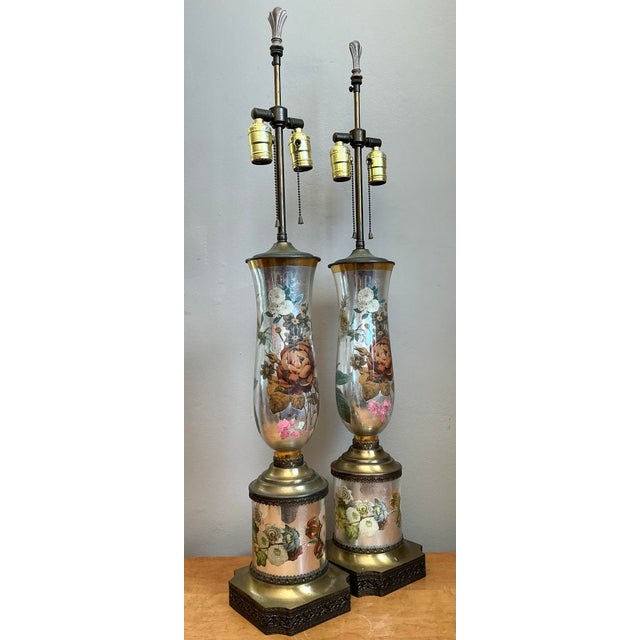 Vintage Italian Eglomise Rose Lamps - A Pair For Sale - Image 12 of 12