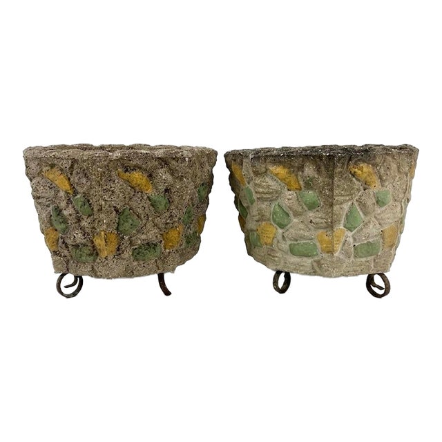 Pair of Mid-Century Brutalist Cast Stone Mosaic Planters For Sale