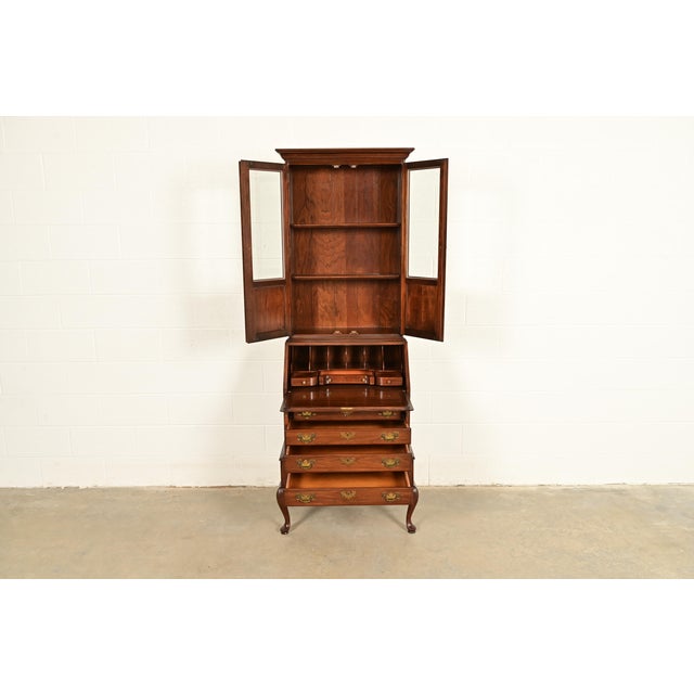 1970s Ethan Allen Georgian Cherry Wood Bureau With Drop Front Secretary Desk and Bookcase Hutch, Circa 1970s For Sale - Image 5 of 14