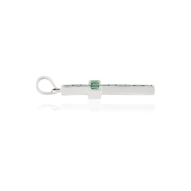 Metal Contemporary 2.17 Ct Natural Emerald Channel Set Cross Pendant in Sterling Silver For Sale - Image 7 of 12