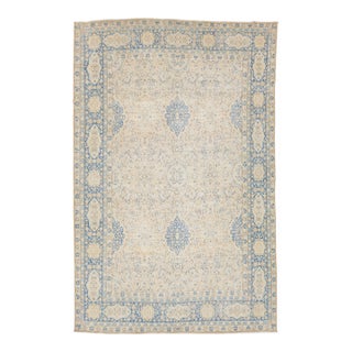 Antique Persian Kerman Wool Area Rug - Pale Blue and Ivory Medallion 10x15 For Sale