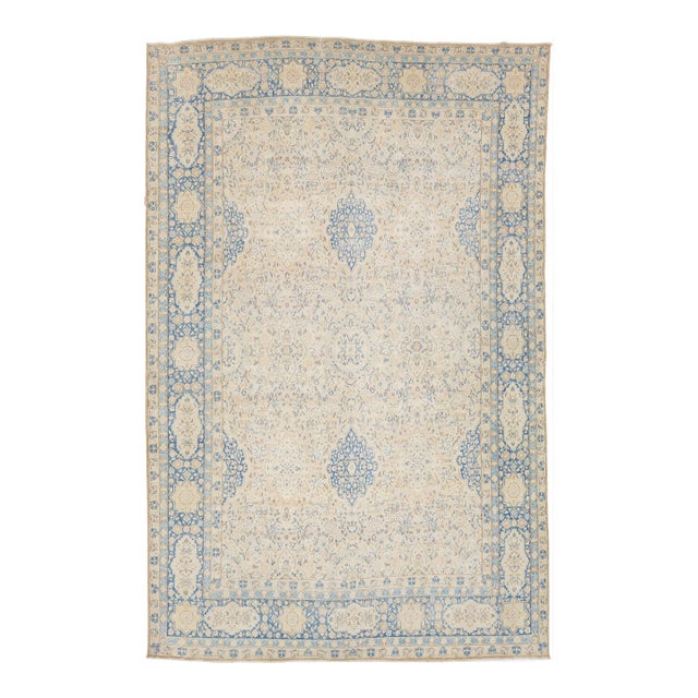 Antique Persian Kerman Wool Area Rug - Pale Blue and Ivory Medallion 10x15 For Sale