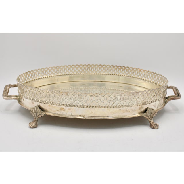 Vintage Silver Plate Footed Tray With Gallery For Sale In Tulsa - Image 6 of 12
