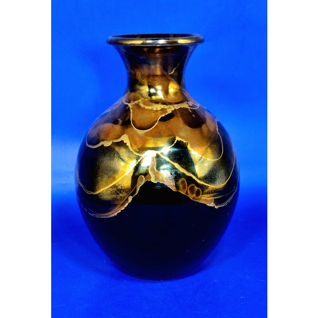 Pair of Bruce Fairman Signed Studio Art Pottery Black & Gold Luster Gooseneck Vases - 2 For Sale - Image 10 of 14