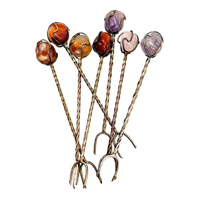 Vintage Mexican Silver, Mixed Metal & Semi Precious Stone Appetizer Forks, Cocktail Snack and Hors d'Ooeuvres Picks - Set of 7 For Sale