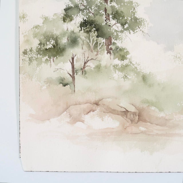 Late 20th Century Unsigned Original Fine Art Landscape Watercolor Painting on Paper of Trees and Rocks by Artist Ellen Shannon For Sale - Image 4 of 12