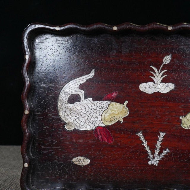 Late 20th Century Scalloped Wooden Tray With Mother-of-Pearl Koi Fish Inlay For Sale - Image 9 of 10