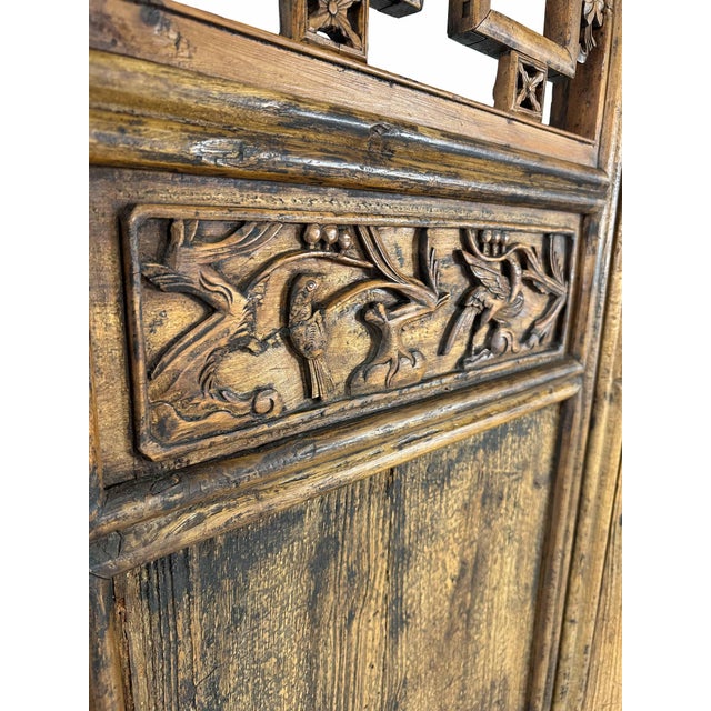 Large Antique Asian Carved Elm Four Panel Folding Screen Room Divider For Sale - Image 10 of 18