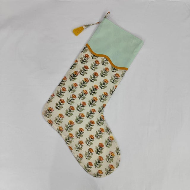 Indian Handmade Marigold Block Print Christmas Stocking with Ochre Piping For Sale - Image 3 of 3
