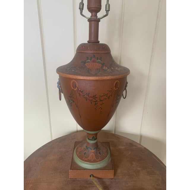 Brown Late 20th Century Neoclassical Painted Tole Table Lamp With Lion Heads For Sale - Image 8 of 11