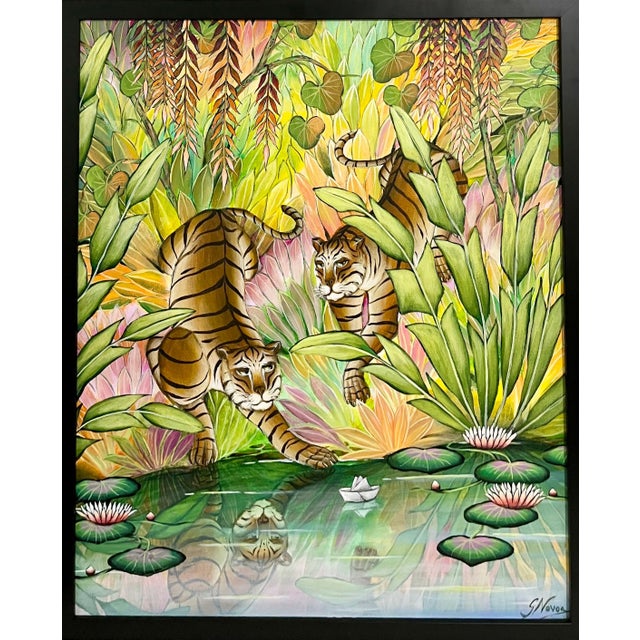 Textile Gustavo Novoa, Tigers Animal Paradise Tropical Jungle Painting Surrealist Art Gustavo Novoa, c.1990's-2000's For Sale - Image 7 of 7