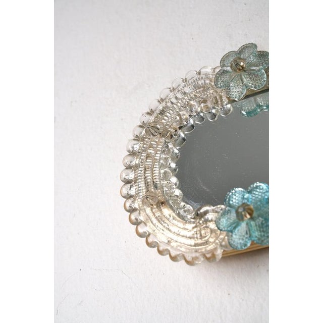 Small Vintage Venetian Murano Glass Wall Mirror with Turquoise Flowers, 1950s For Sale - Image 4 of 6